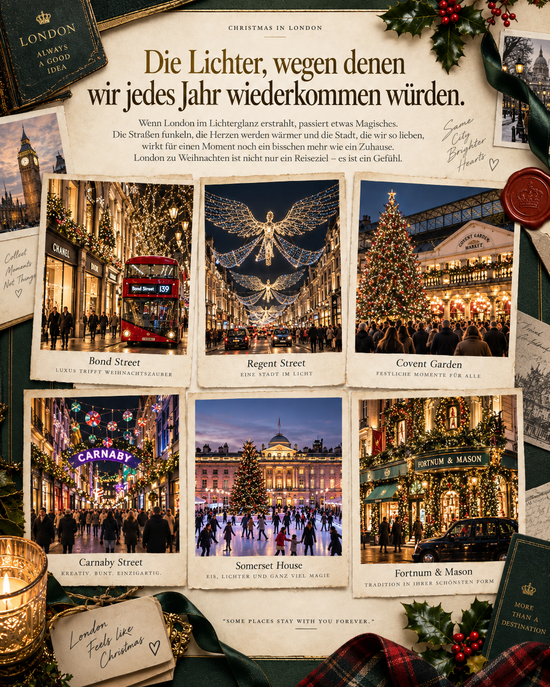 Sechs stimmungsvolle Londoner Weihnachtsmotive: Bond Street mit rotem Doppeldeckerbus, Regent Street, Covent Garden, Carnaby Street, Somerset House und Fortnum & Mason.